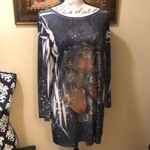 Sara Mode Bohemian soft long sleeve crystal embellished female face tunic dress